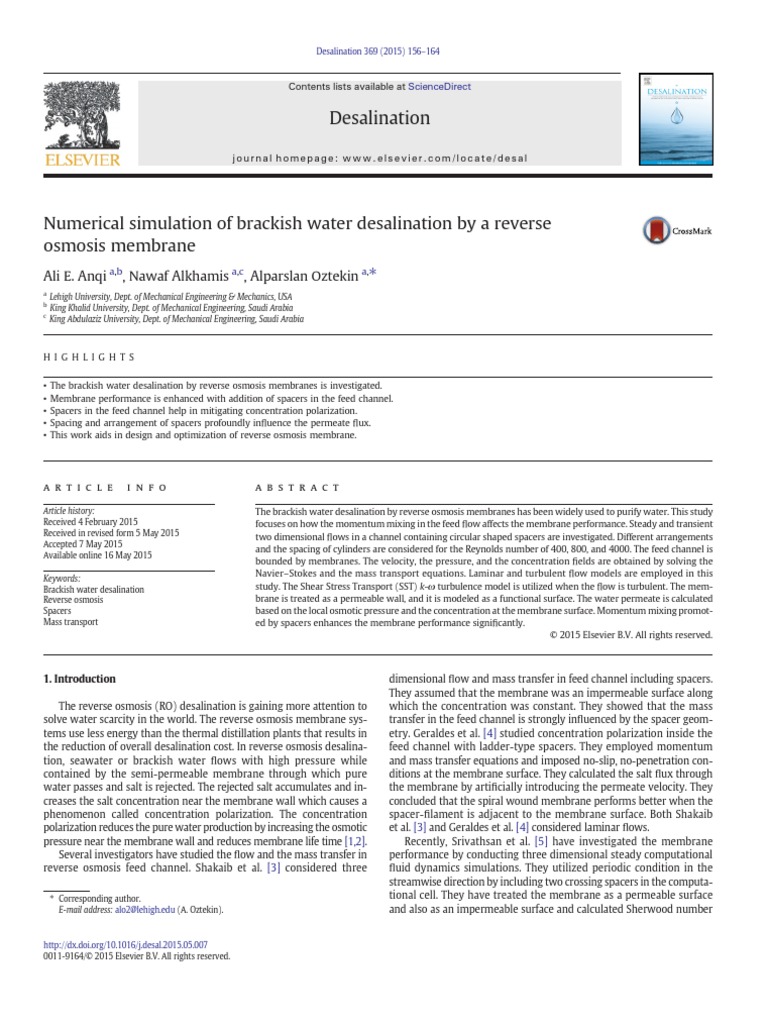 Numerical Simulation of Brackish Water Desalination by A Reverse | PDF ...