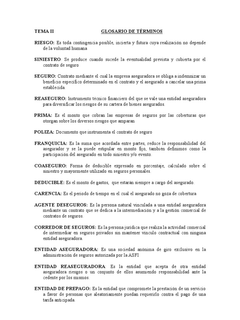 Tema II Glosario de Terminos | PDF | Póliza de seguros | Seguro