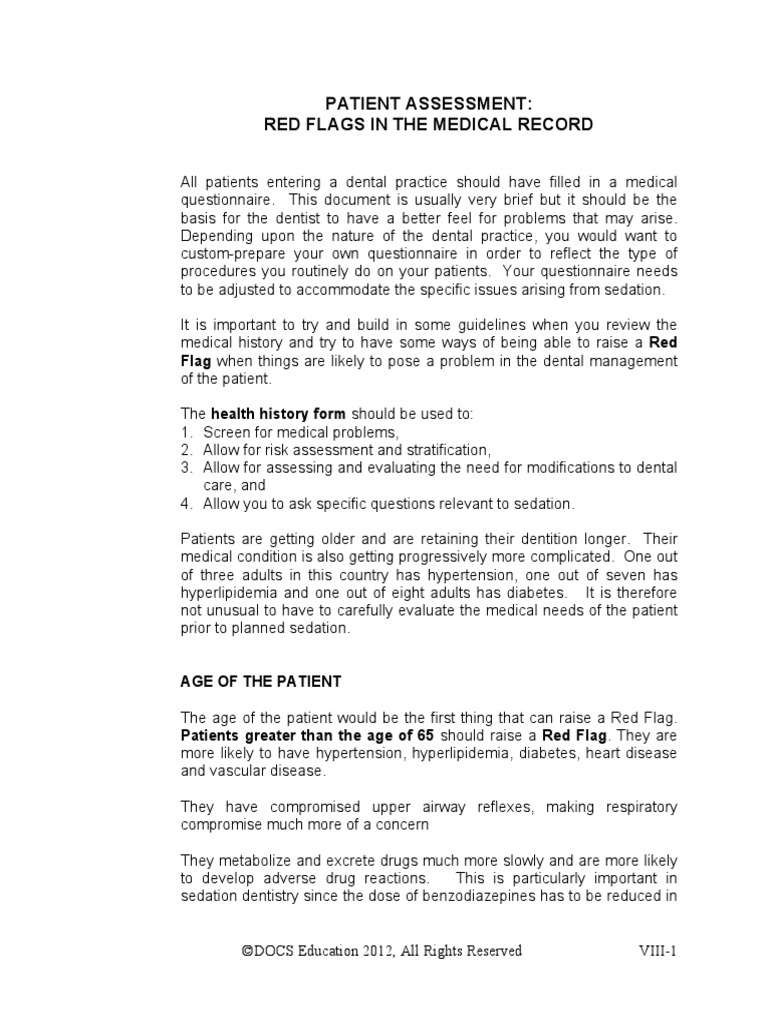 Patient Assessment Red Flags in The Medical Record PDF Diabetes Mellitus Hypertension