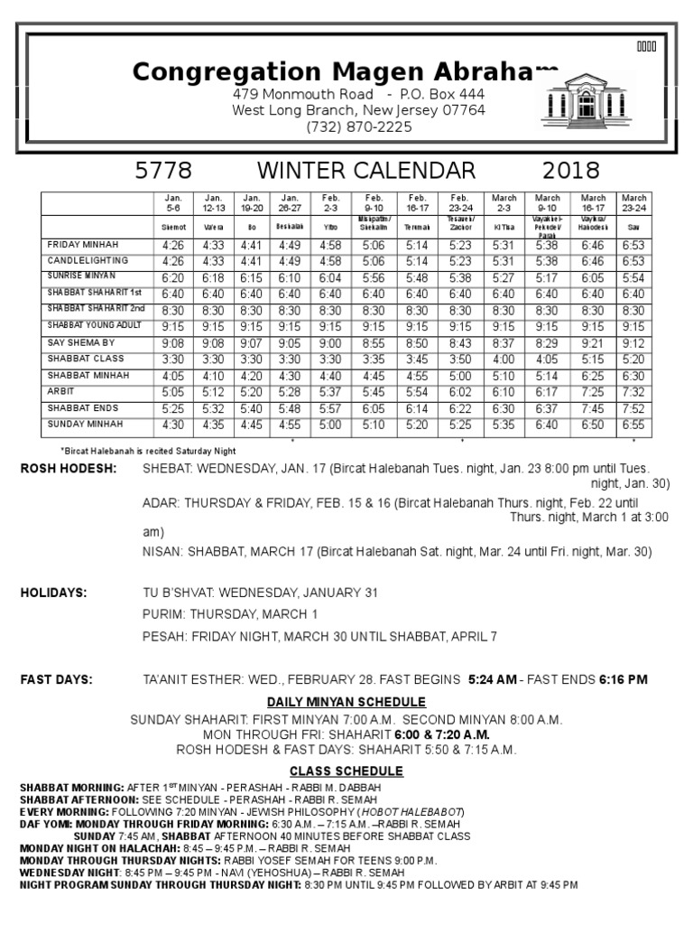 Winter Calendar 5778 | PDF | Jewish Prayer | Jews And Judaism