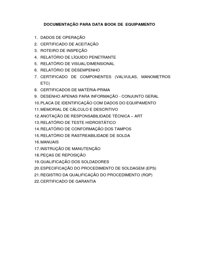 Documentação técnica completa para o data book de equipamento | PDF