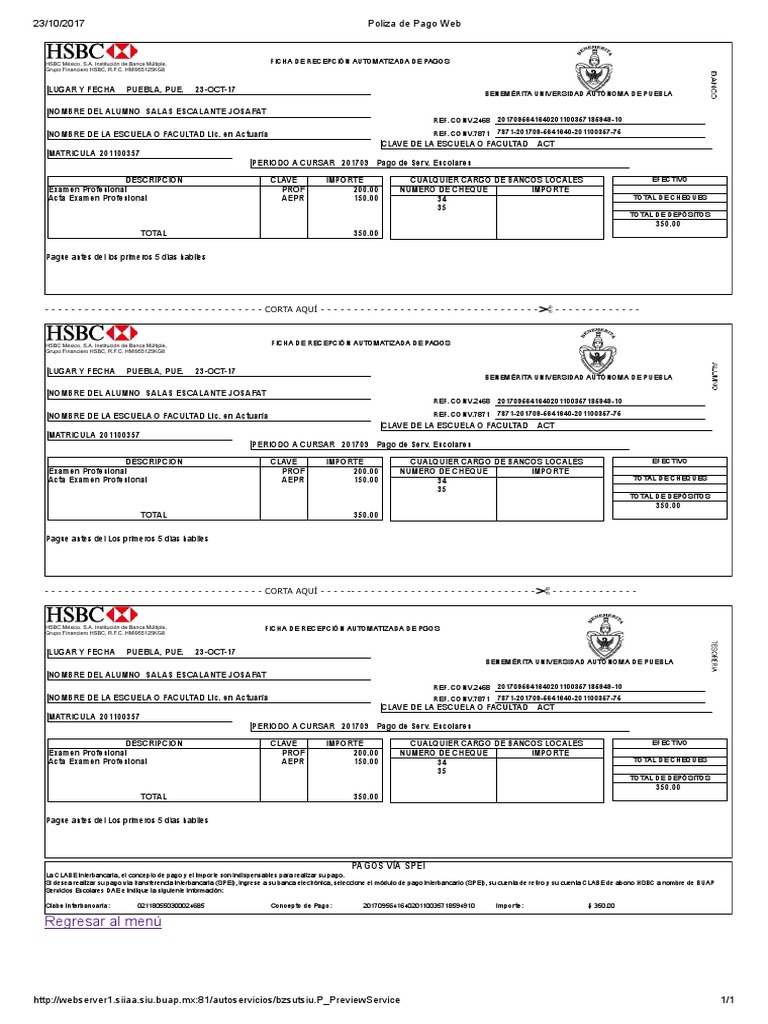 Ficha de Pago BUAP 201709 | PDF | Bancario | Servicios financieros