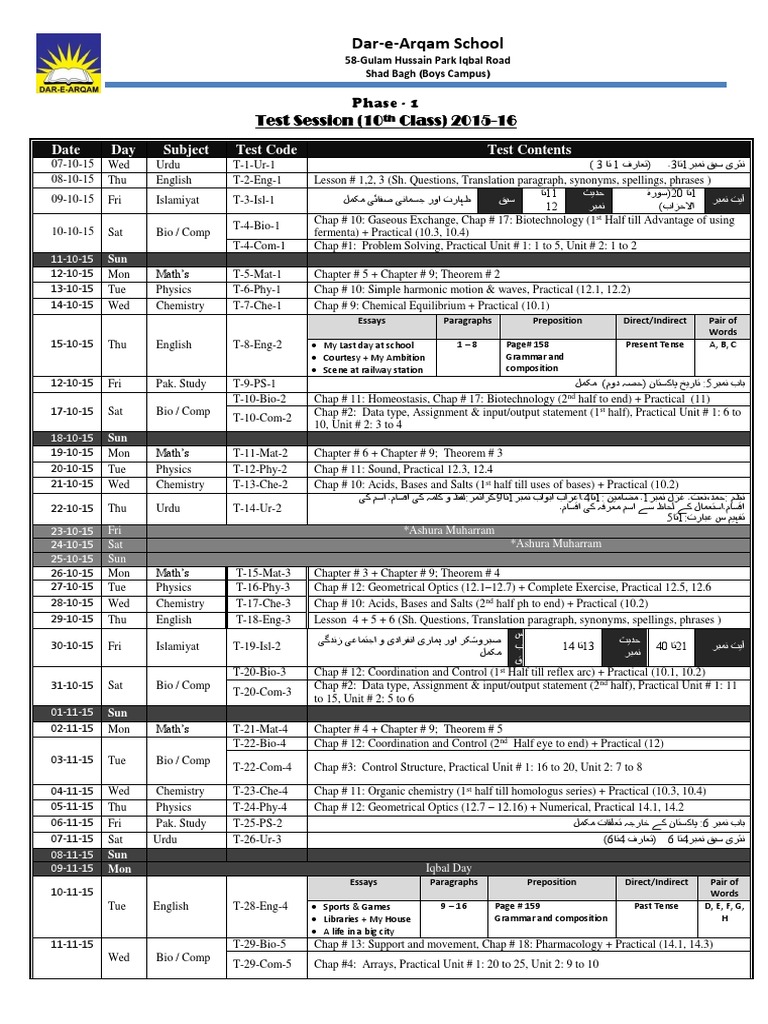 10th Class Test Schedule 2015-16 | PDF | Physical Sciences | Chemistry