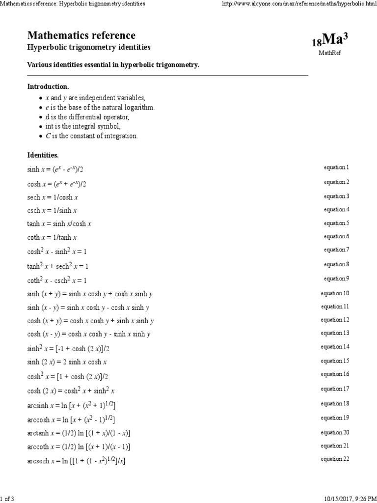 Mathematics reference hyperbolic trigonometry identities special