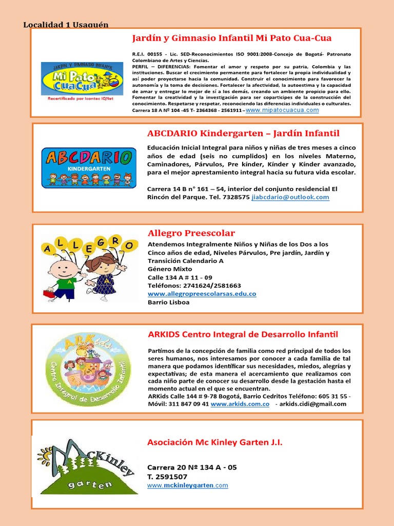 Jardines Infantiles en Usaquén | PDF | Jardín de infancia | Aprendizaje