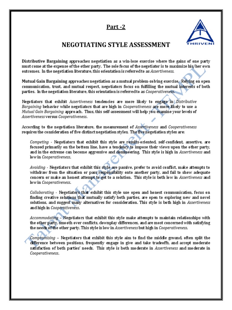 Negotiating Style Assessment: Part - 2 | PDF | Negotiation | Bargaining