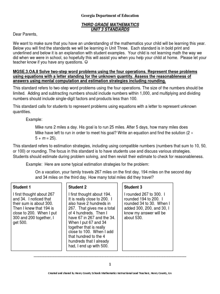 Unit 3 3rd Grade Parent Letter | PDF | Multiplication | Teaching ...