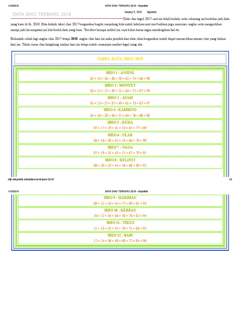 Data Shio Terbaru 2018 Depototo