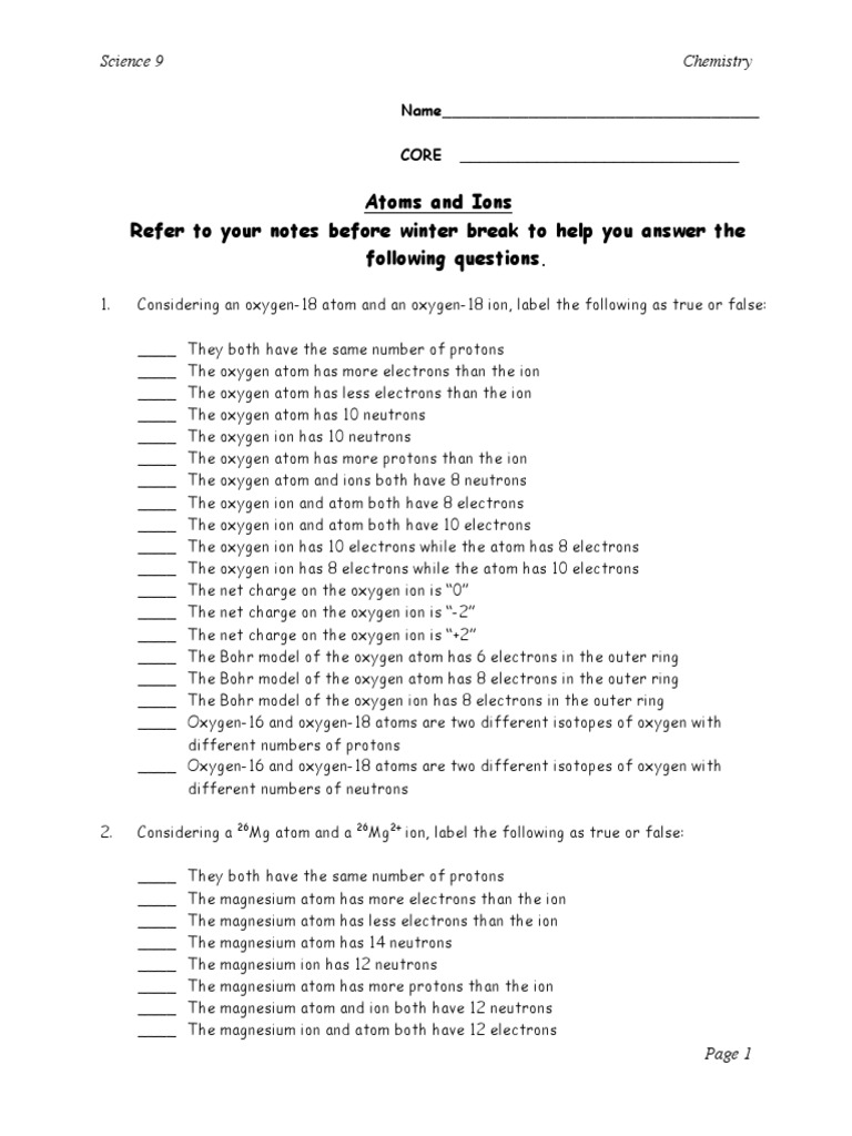 worksheet on atoms and ions | Isotope | Ion