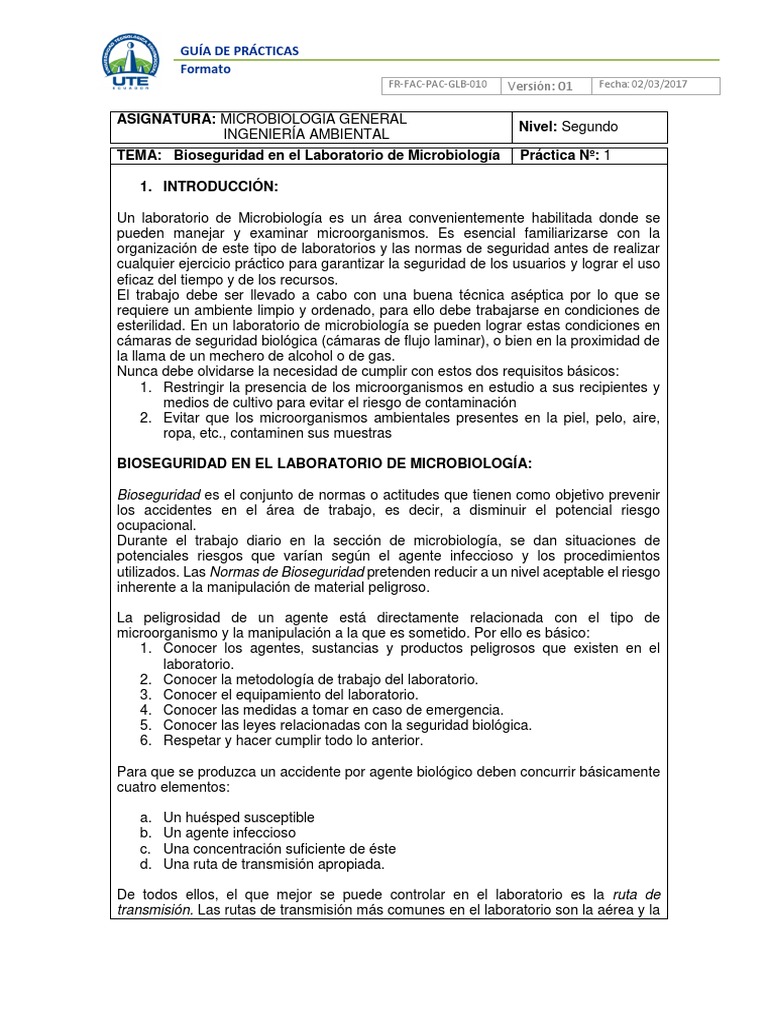 Bioseguridad en Laboratorio de Microbiología | PDF | Laboratorios ...