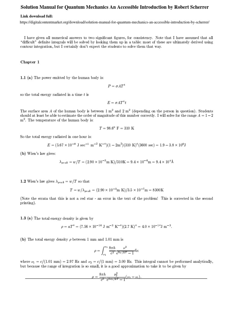 Solution Manual For Quantum Mechanics An Accessible Introduction By Robert Scherrer Natural Sciences Particle Physics