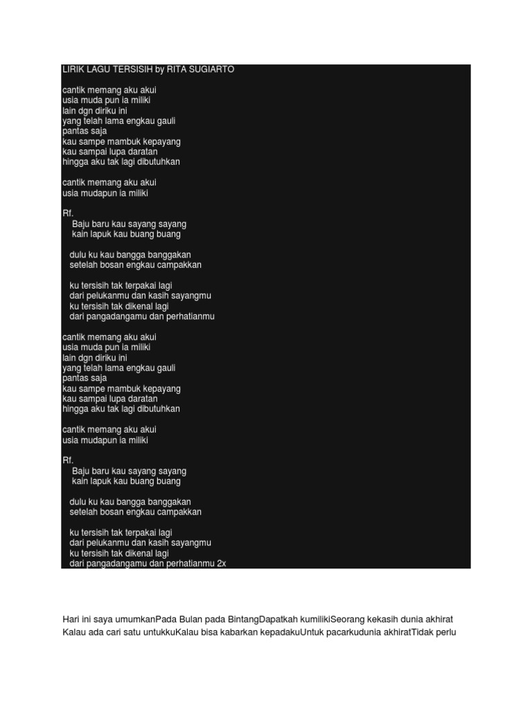 Lirik Lagu Tersisih By Rita Sugiarto