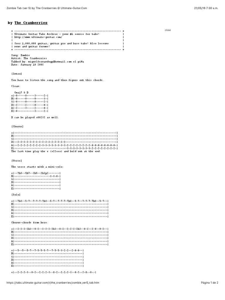 Zombie Tab (Ver 5) by The Cranberries @, PDF