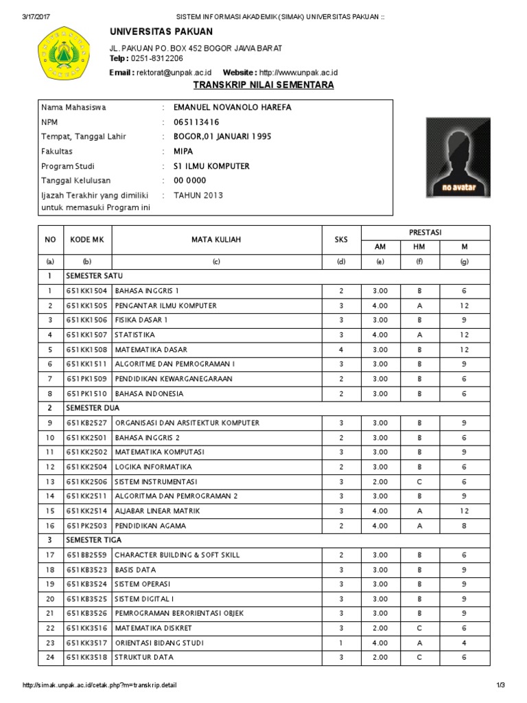 Transkrip Nilai Sementara Unpak | PDF