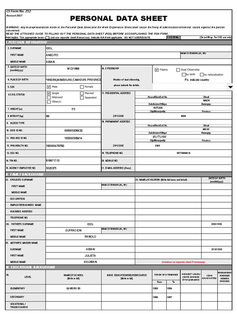 Pds 032117 cs form no 212 revised personal data sheet new 1 2 idol pds