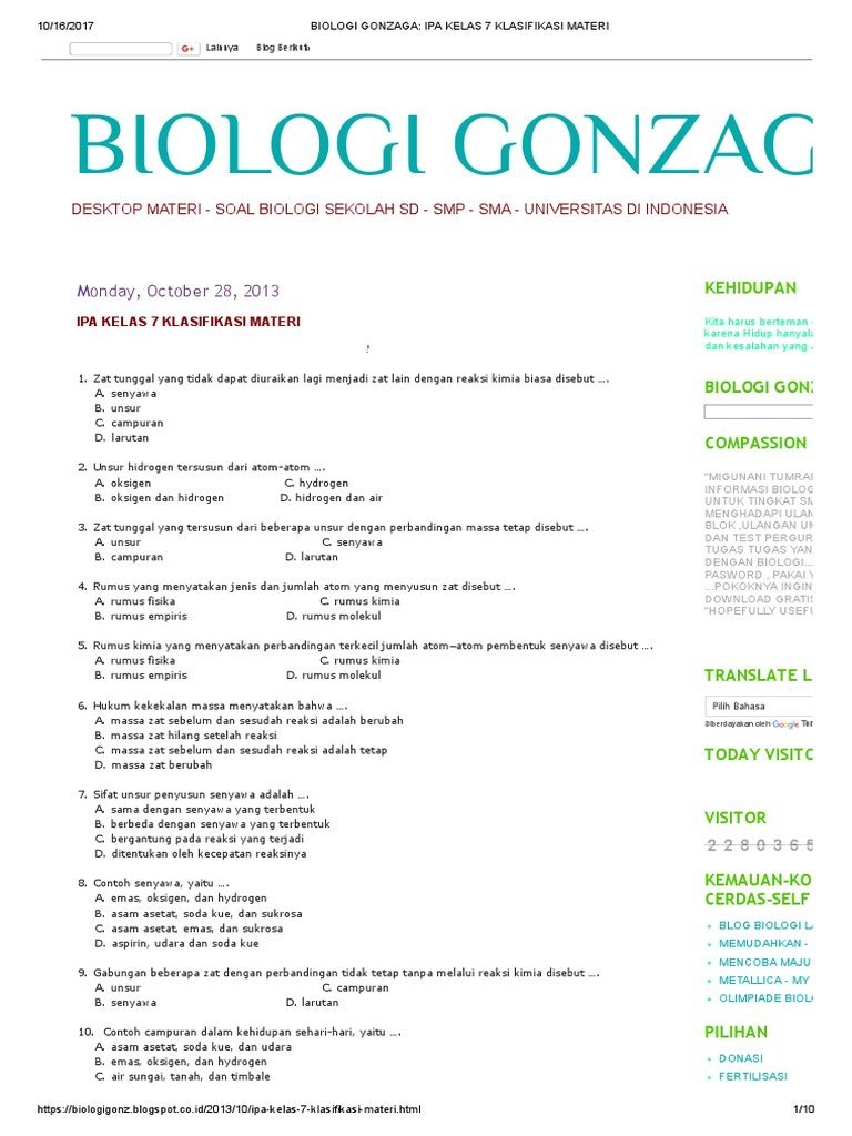 Biologi Gonzaga Ipa Kelas 7 Klasifikasi Materi