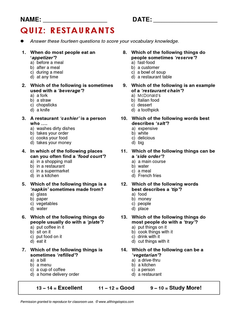 Quiz Restaurant Restaurants Meal