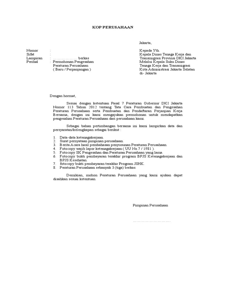 Contoh Surat Permohonan Pengesahan Peraturan Perusahaan  Kumpulan