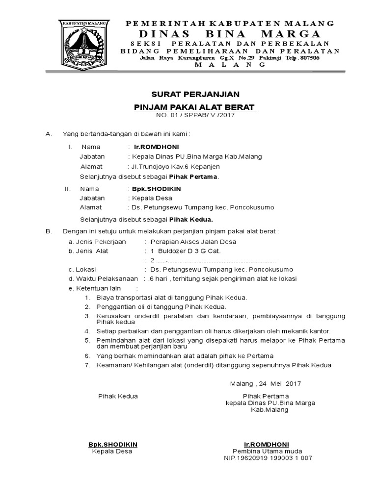 Surat Perjanjian Jam Pakai Alat 2012