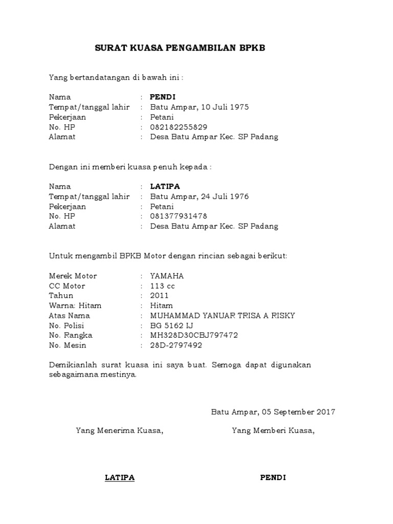 Contoh Surat Kuasa Pengambilan Bpkb Mobil Di Leasing