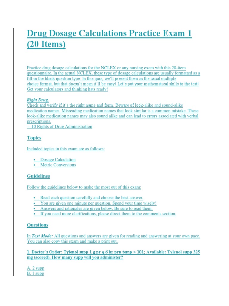 Nclex - Drug Dosage Calculations Practice Exam 1 | PDF | National ...