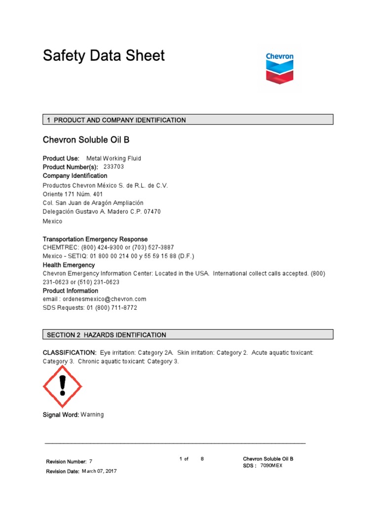 Safety Data Sheet Chevron Soluble Oil B PDF Toxicity Personal