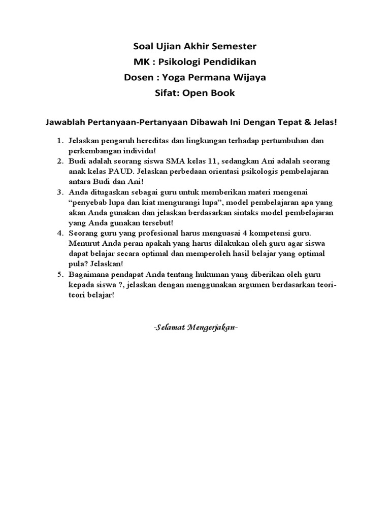 Soal Ujian Akhir Semester Psikologi Pendidikan