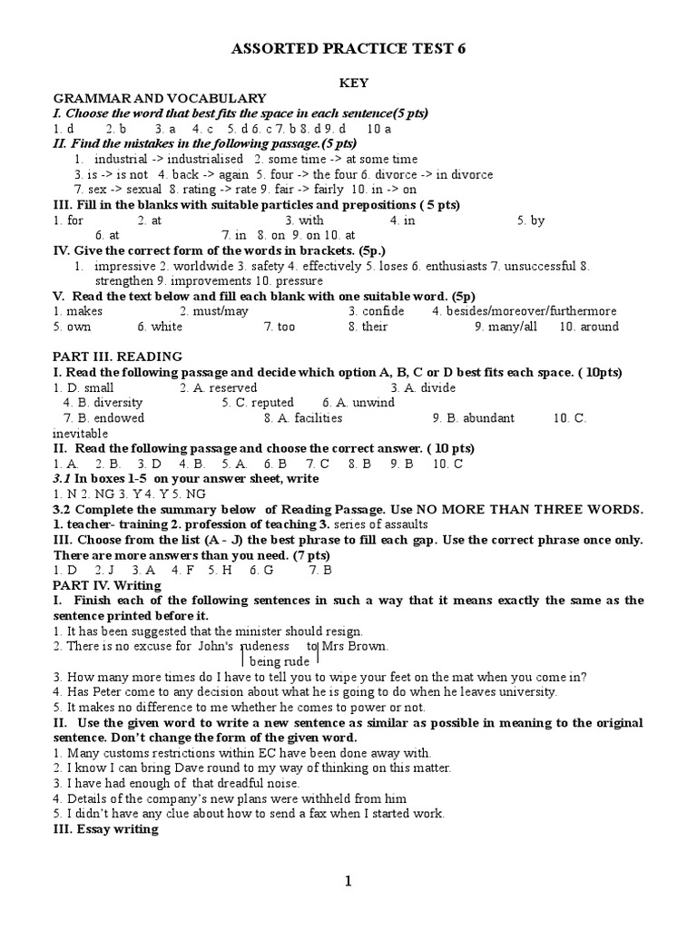 Assorted Practice Test 6 Key Da Gui | PDF | Vocabulary | Grammar