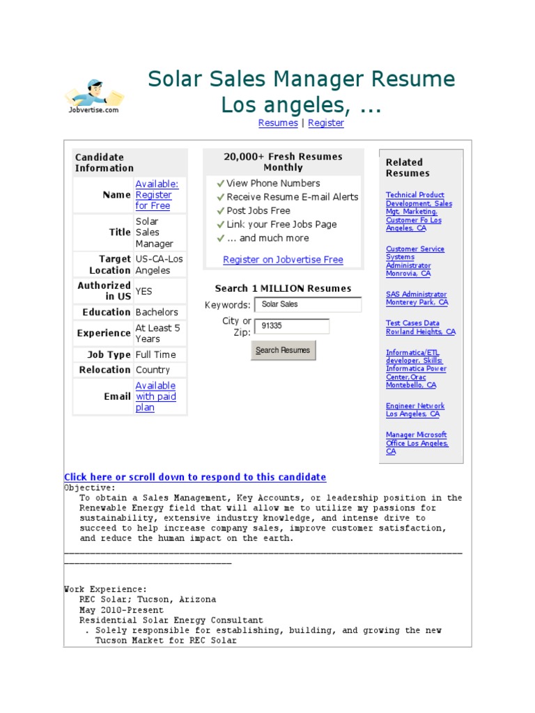 Solar Sales Manager Resume Los Angeles, Candidate Information Name 20,000+ Fresh Resumes