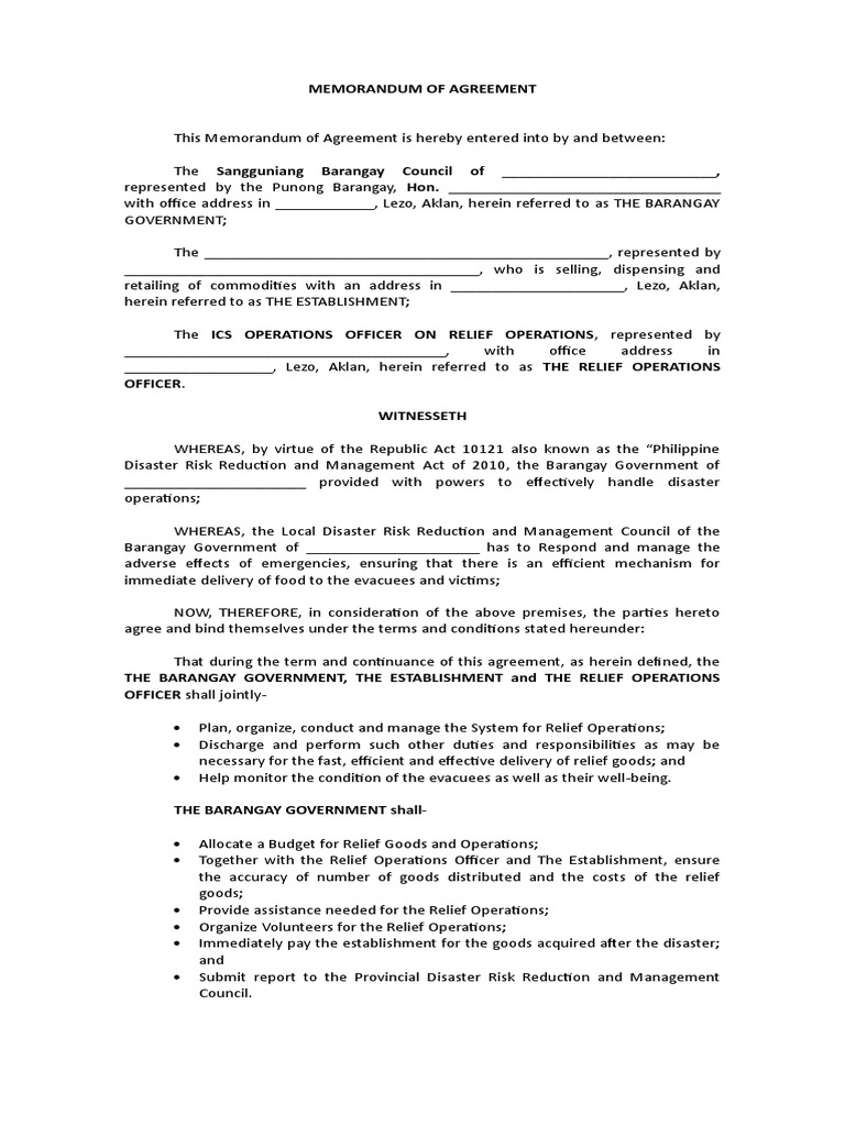 Barangay Relief Operations Agreement | PDF | Emergency Management ...