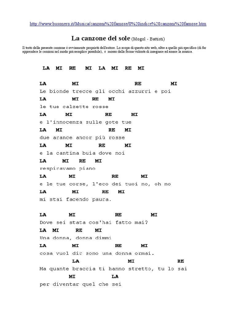 La Canzone Del Sole Testo e Accordi