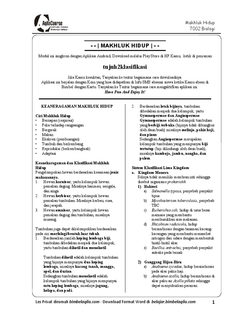 Rpp Klasifikasi Makhluk Hidup Smp Kelas 7 Kurikulum 2013 Revisi Sekolah