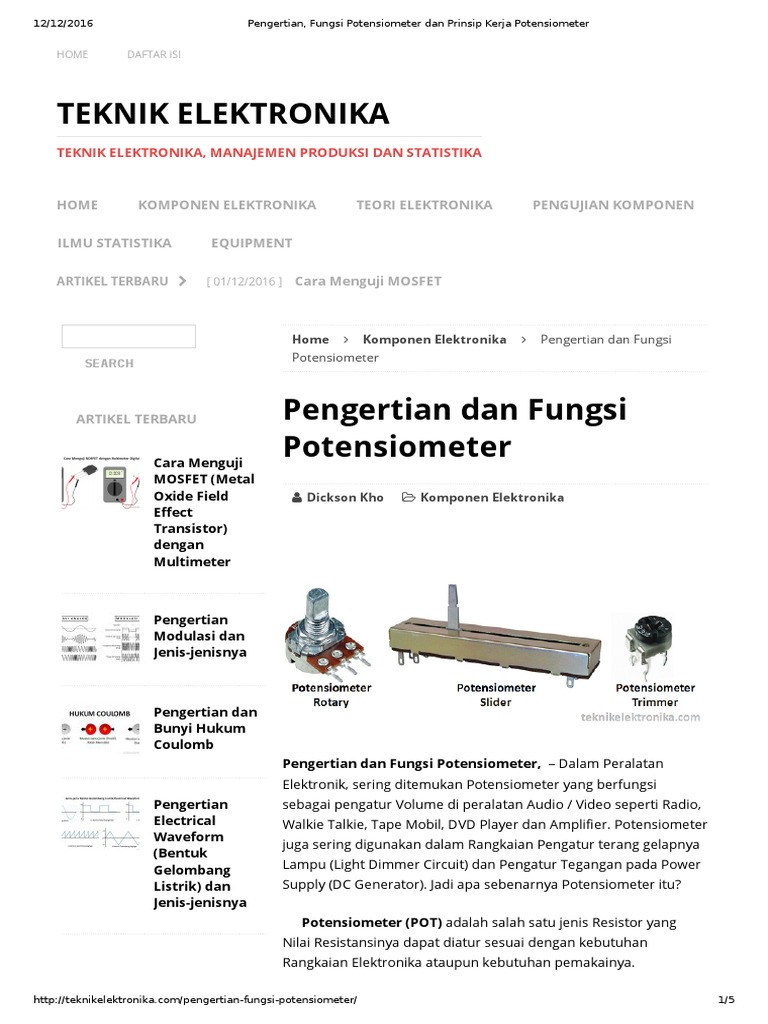 Pengertian, Fungsi Potensiometer Dan Prinsip Kerja Potensiometer