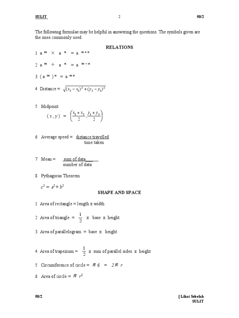 Essential Math Formulas and Exam Guidelines | PDF | Area | Length