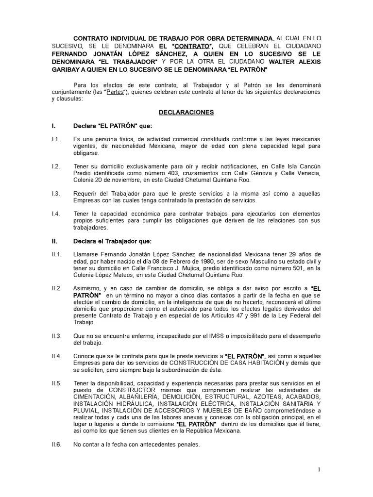 Contrato Individual De Trabajo Por Obra Determinada Derecho Laboral