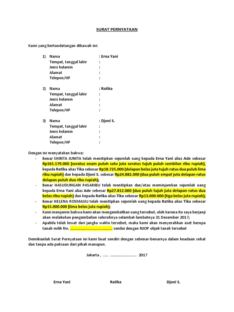 Surat Pernyataan Pengembalian Uang