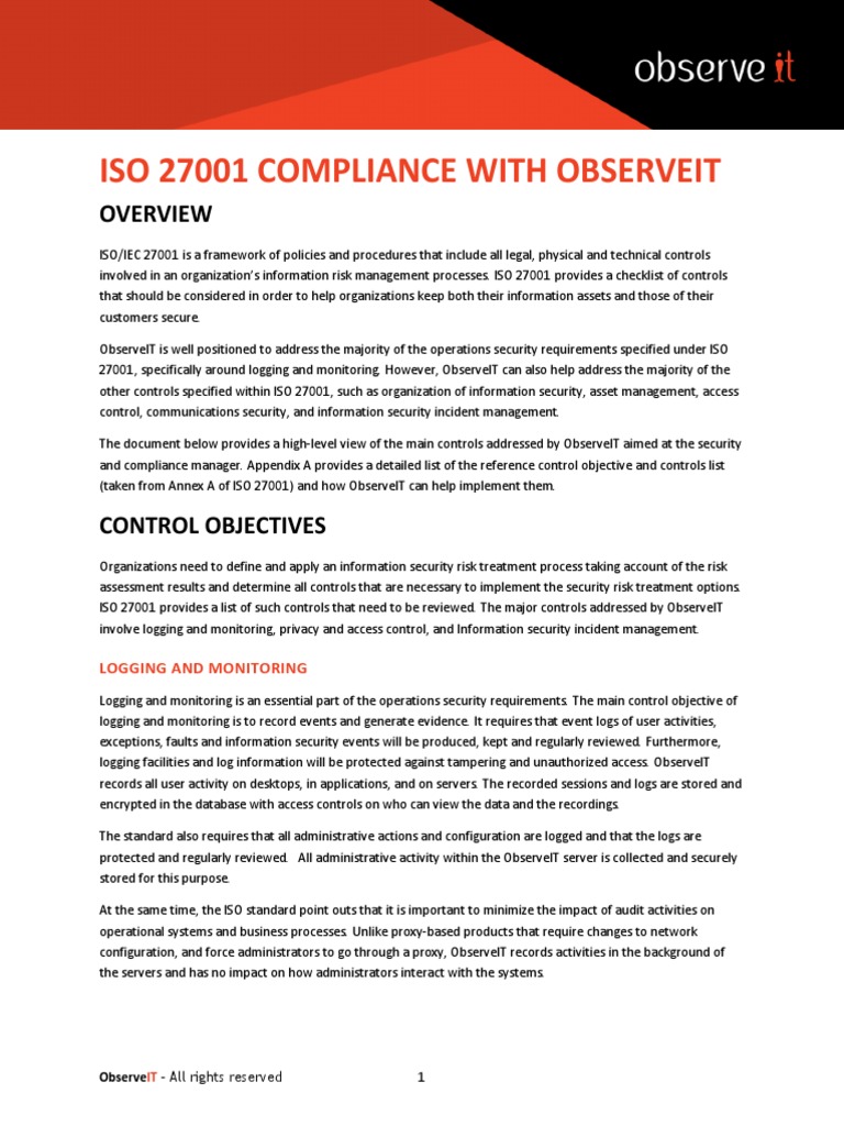 ISO 27001 Compliance with ObserveIT | PDF | Information Security ...