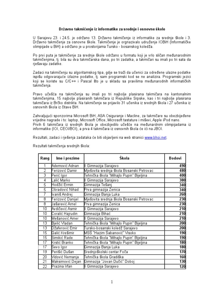 Državno Takmičenje Iz Informatike Za Srednje I Osnovne Škole | PDF