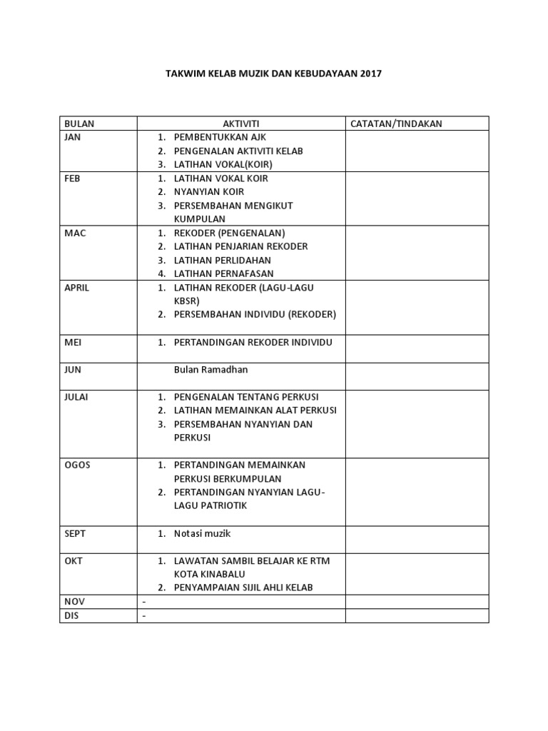 Takwim Kelab Muzik Dan Kebudayaan 2017 Docx