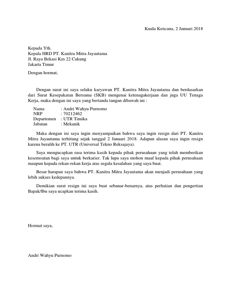 Contoh Surat Resign Com Detil Gambar Online
