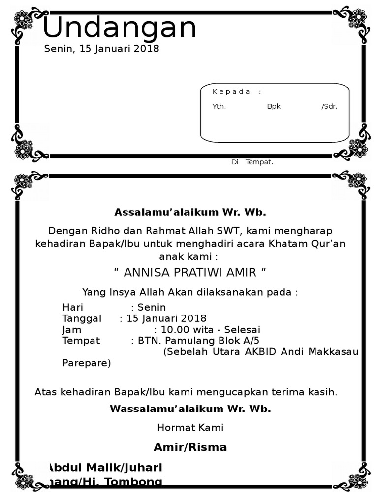 5200 Koleksi Contoh Surat Undangan Acara Khotmil Quran Terbaik Gratis
