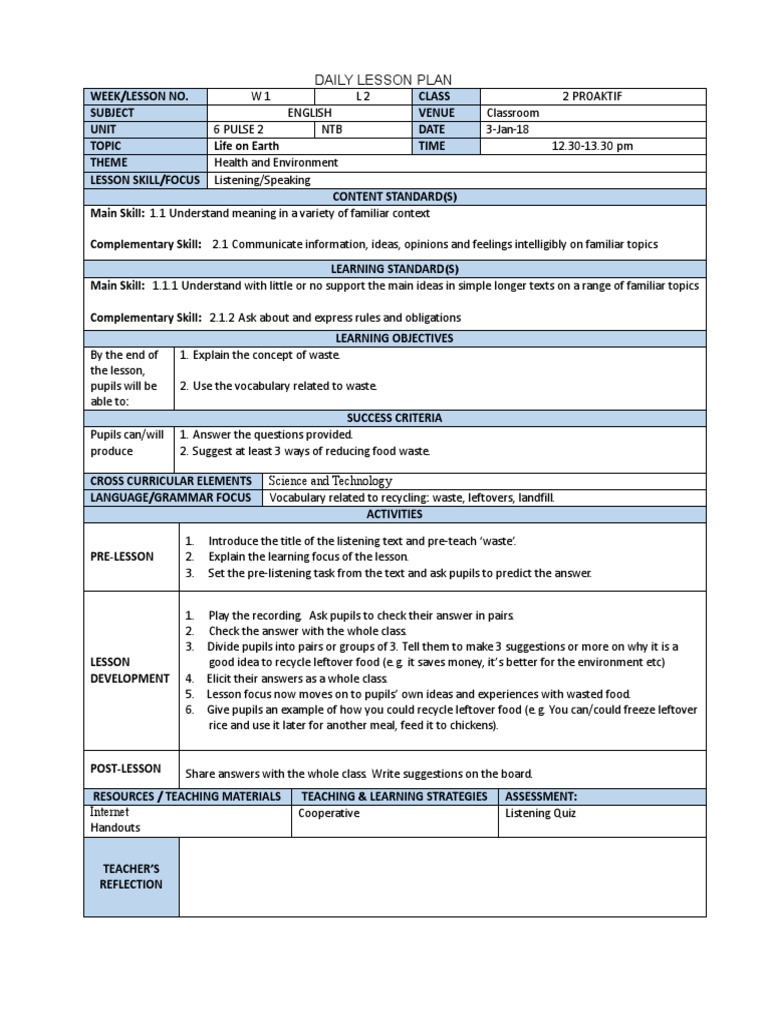 Kssm English Lesson Plan For Form 2 Sample Lesson Plan Linguistics