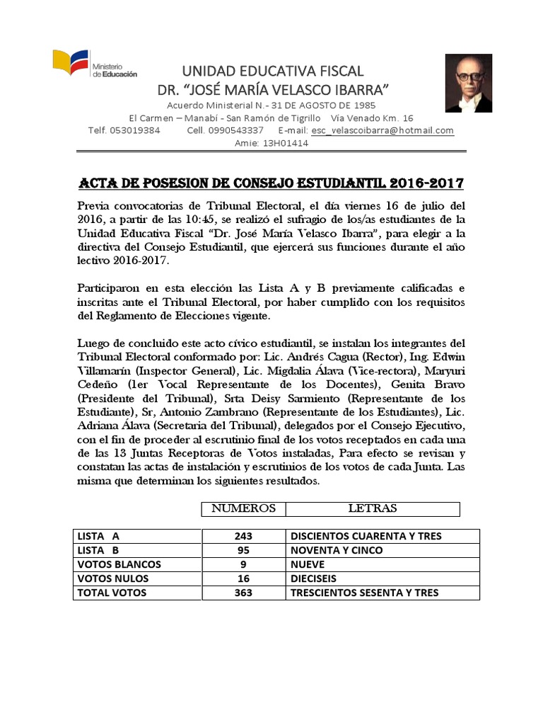 Acta de Posesion de Consejo Estudiantil 2016 1 Voting Government