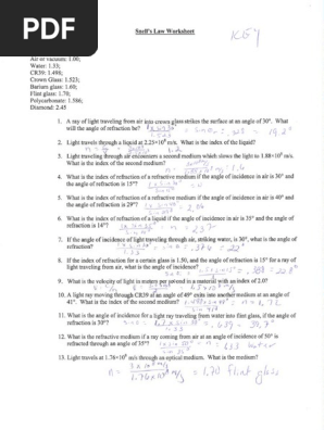 PS20 - Snells Law Worksheet and Answers | PDF
