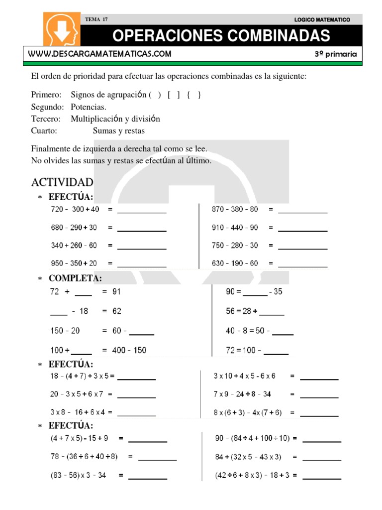 17 Operaciones Combinadas Tercero de Primaria | PDF