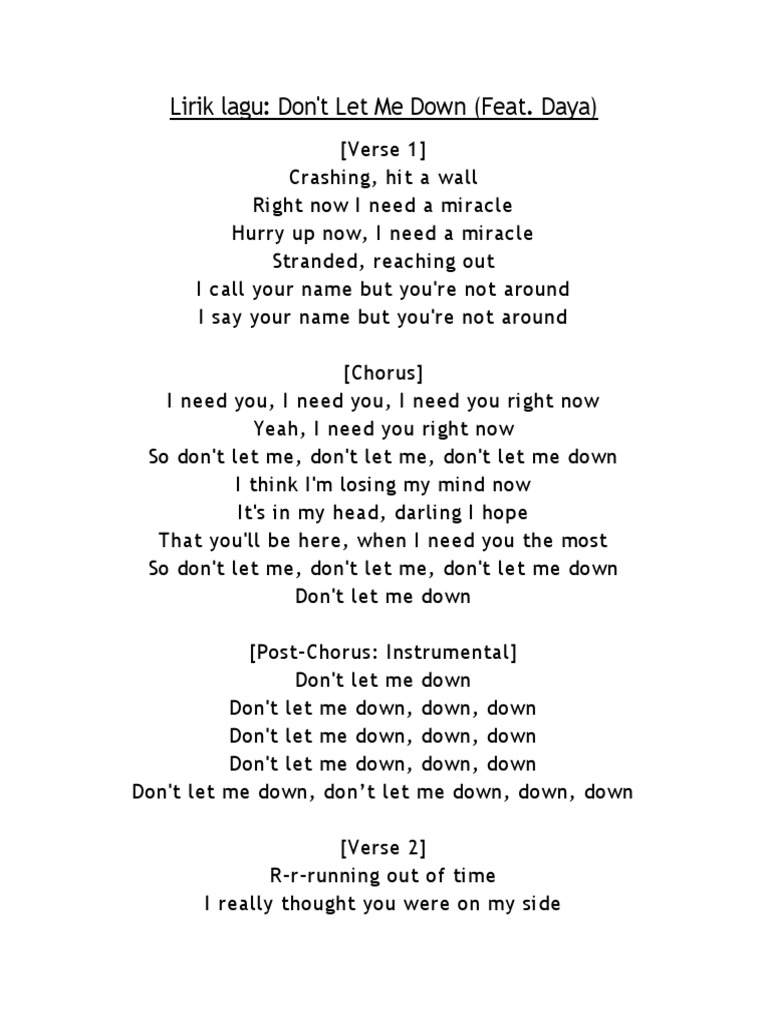 Lirik Lagu: Don't Let Me Down (Feat. Daya) | PDF | Songs | Musical ...