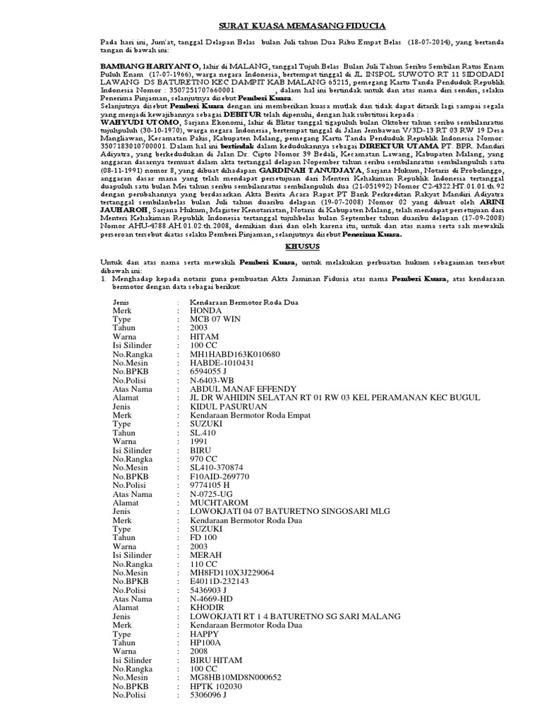 Surat Kuasa Untuk Fidusia