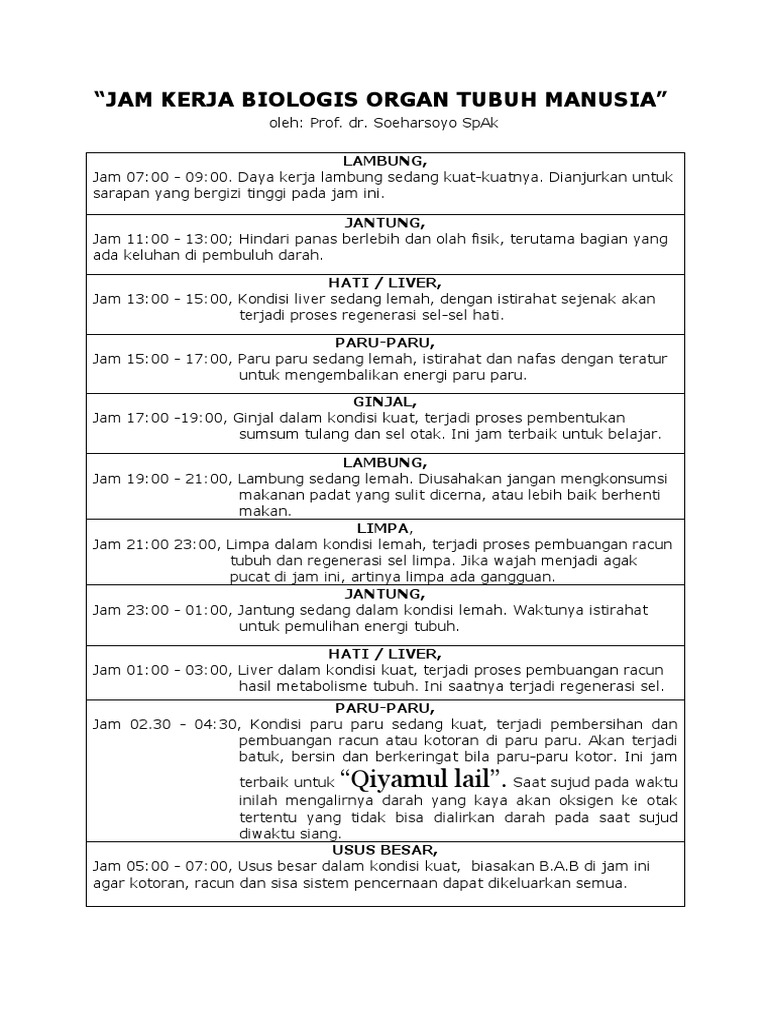 Jam Kerja Biologis Organ Tubuh Manusia PDF