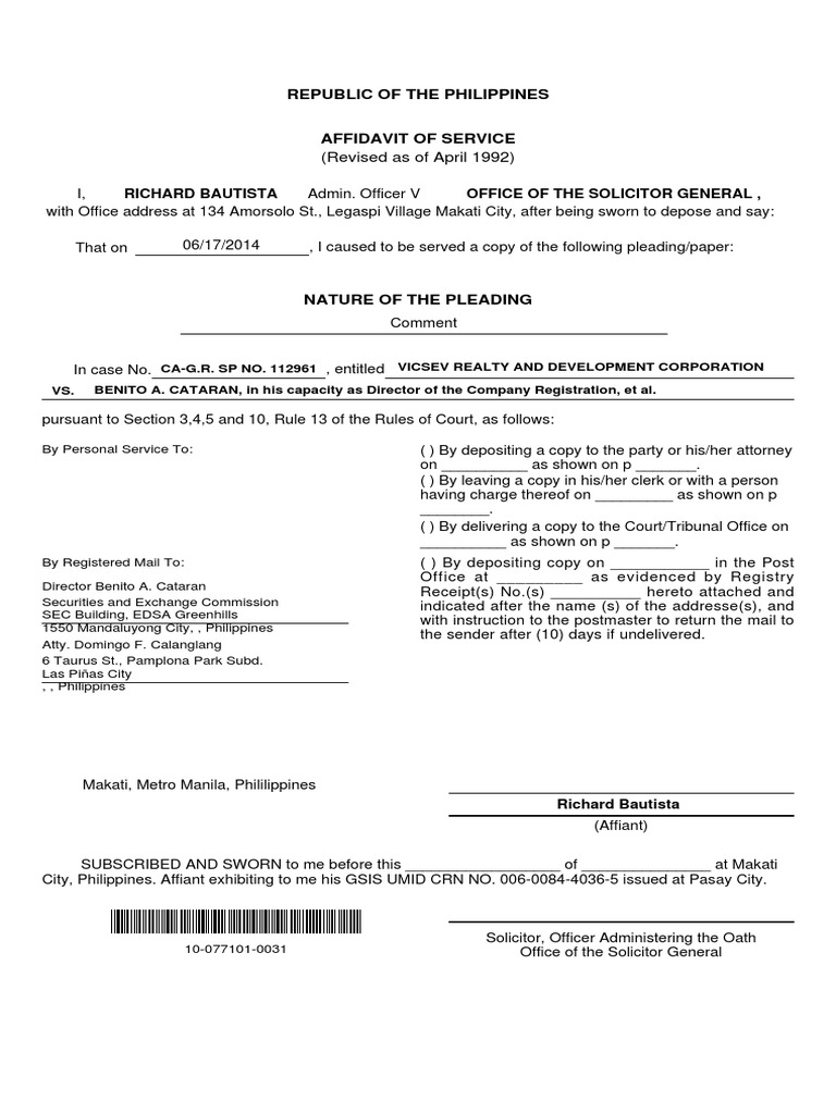 Affidavit of Service | PDF | Affidavit | Government Information