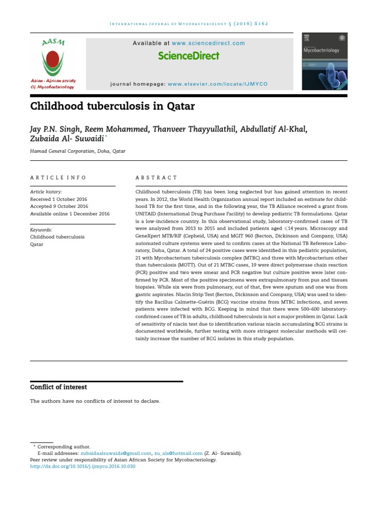 Childhood Tuberculosis in Qatar Sciencedirect PDF Tuberculosis
